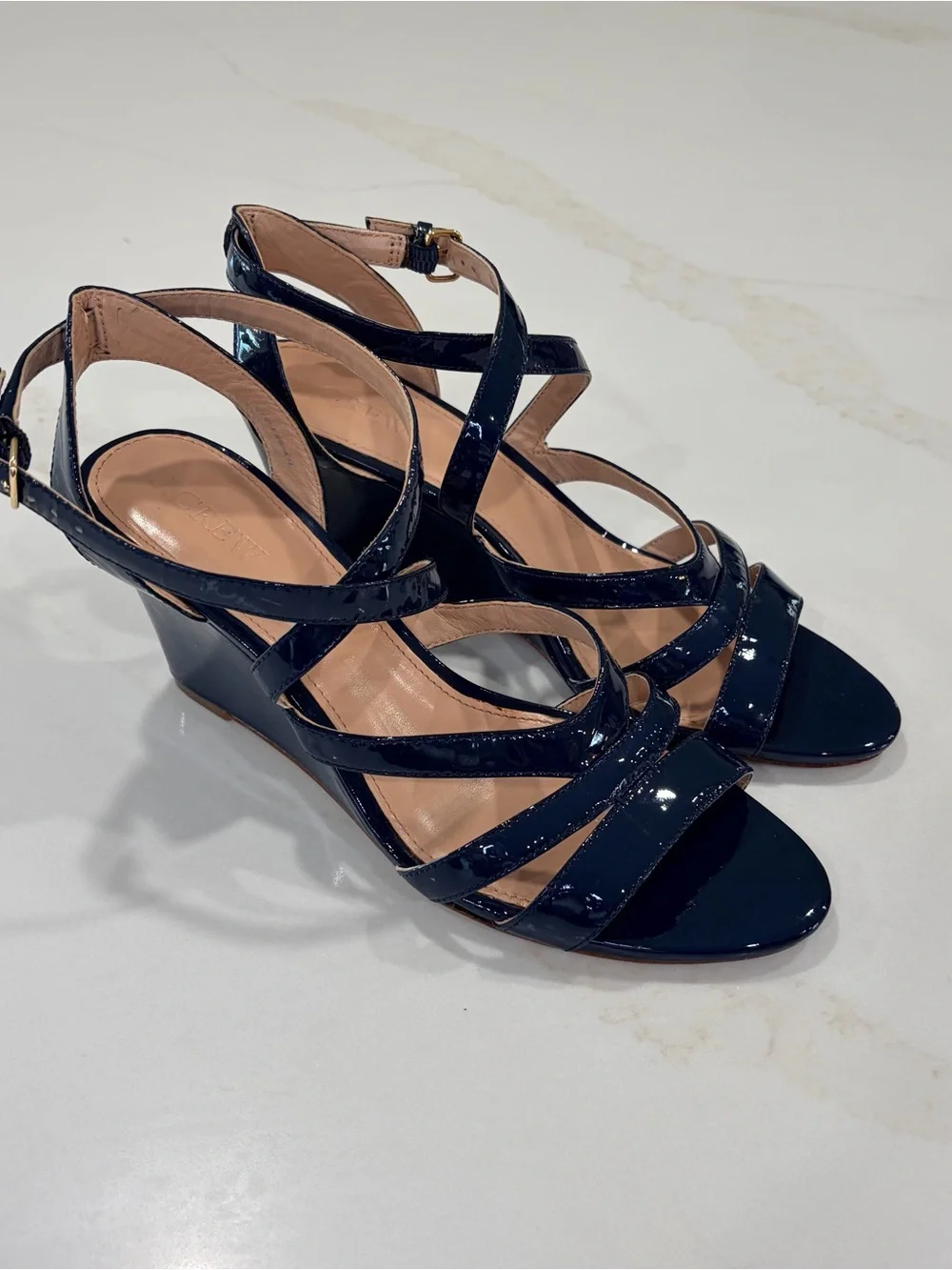 J. Crew Navy Patent Strappy Wedge Sandals